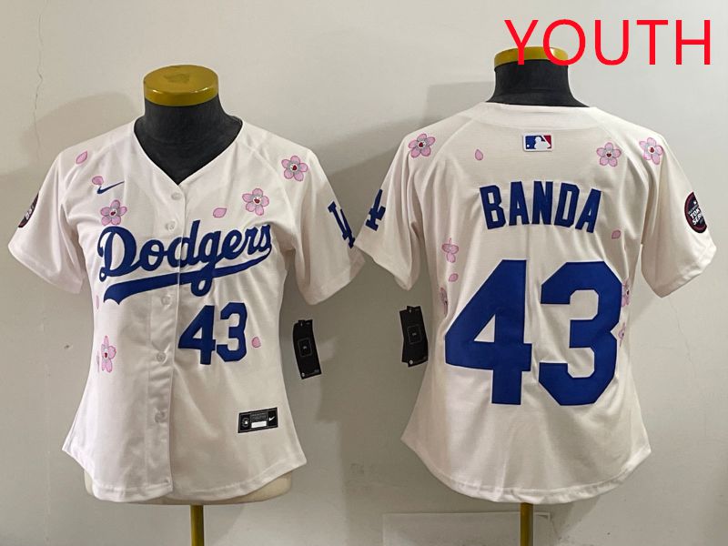 Youth Los Angeles Dodgers #43 Banda Cream Sakura Edition 2025 Nike MLB Jersey style 32
